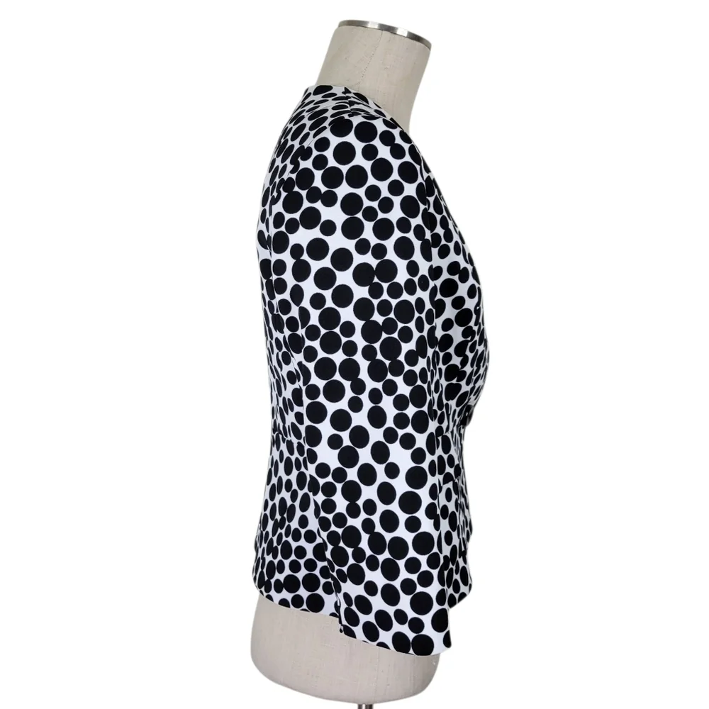 Kasper Peplum Blazer Women Size 6 White Black Polka Dot 1 Button 3/4 Sleeve Slit
